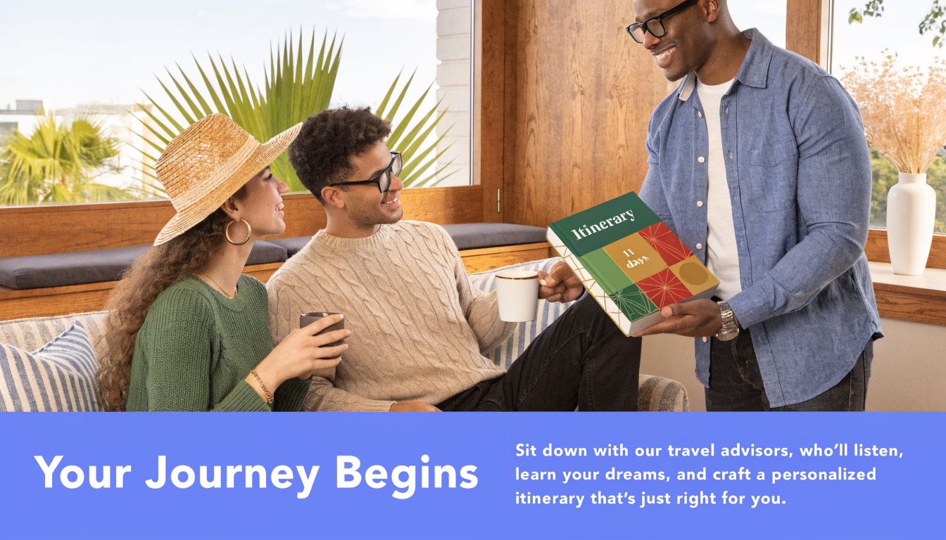 A travel advisor smiling while presenting a personalized itinerary book to a young couple in a lounge.