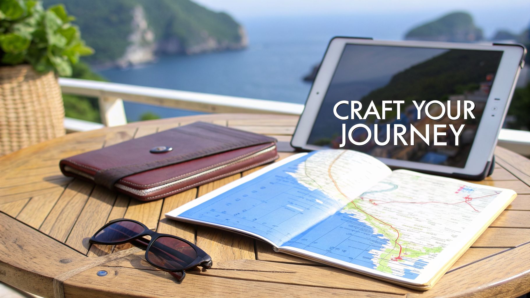 A table with a map, wallet, sunglasses, and a tablet displaying 'CRAFT YOUR JOURNEY' against a scenic ocean backdrop.