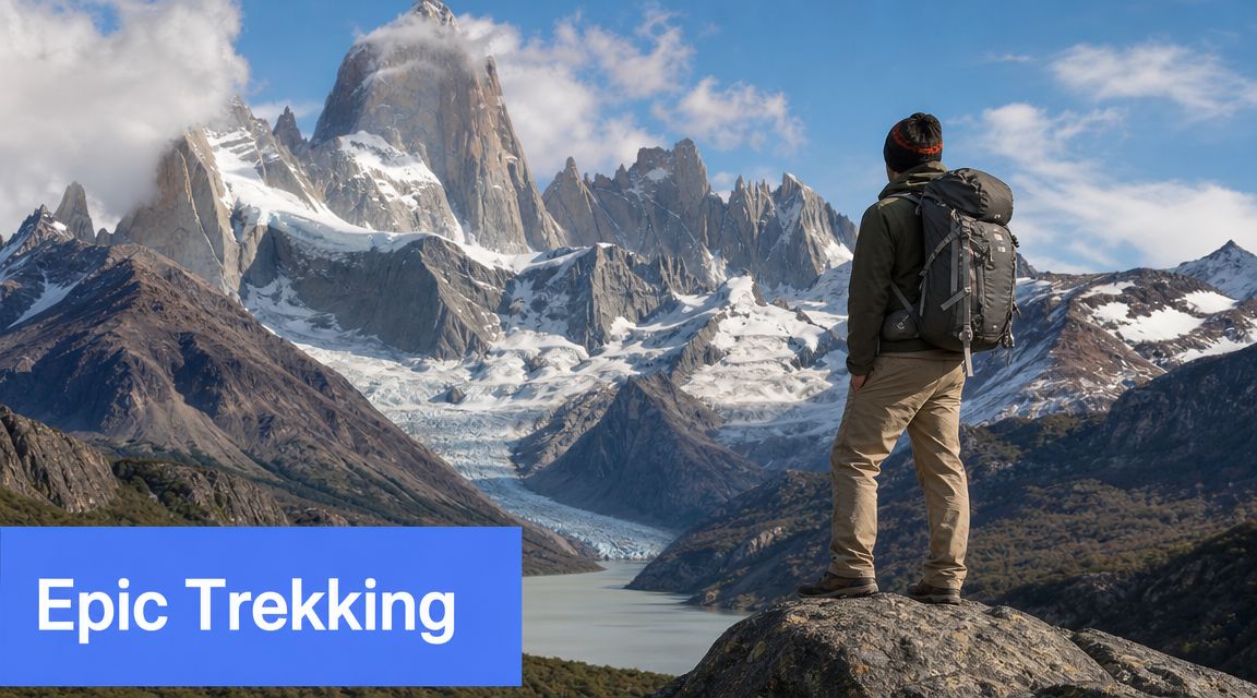 A hiker stands on a rocky outcrop overlooking a vast mountain range with snow-capped peaks and glaciers.