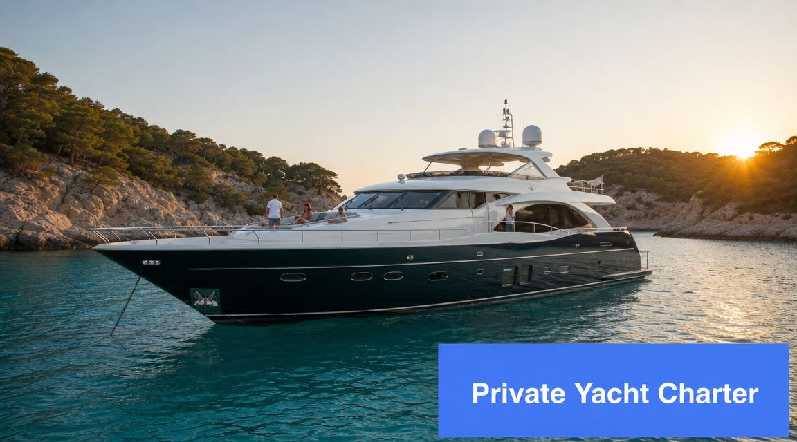 A luxurious private yacht anchored in a calm turquoise bay during a beautiful golden sunset.