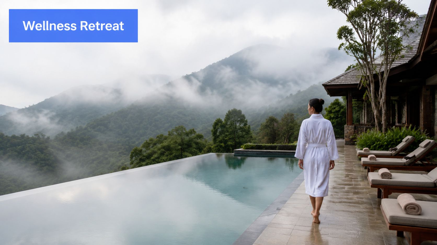 A woman in a white robe walks beside an infinity pool overlooking misty mountains at a resort.