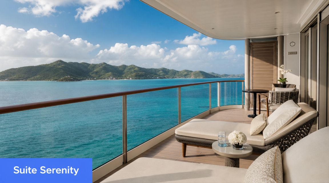 A luxurious cruise ship balcony overlooking a serene turquoise ocean and a mountainous island landscape.