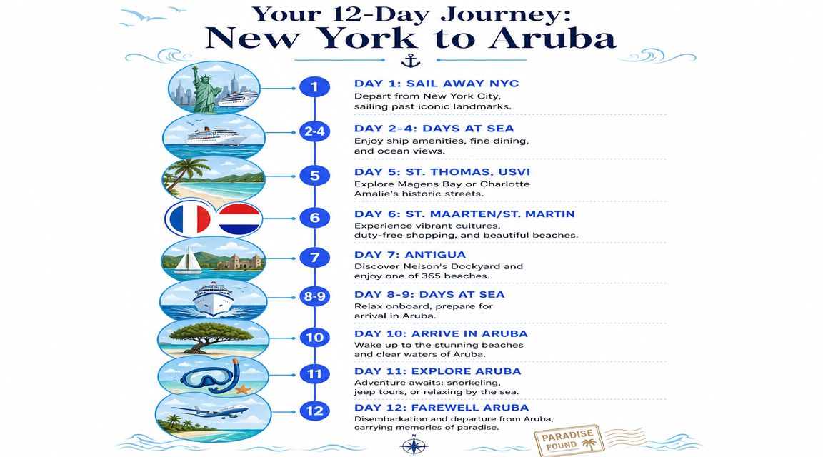An infographic showing a 12-day cruise itinerary starting from New York City and arriving in Aruba.