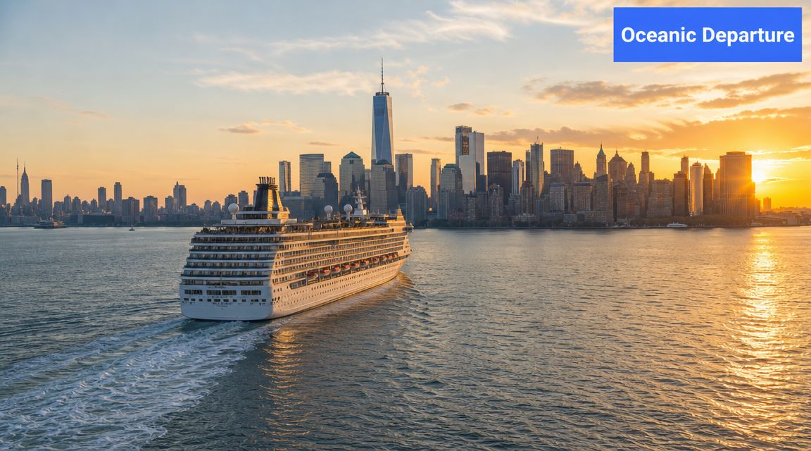A luxury cruise ship departing from New York City during a beautiful golden sunset over the harbor.
