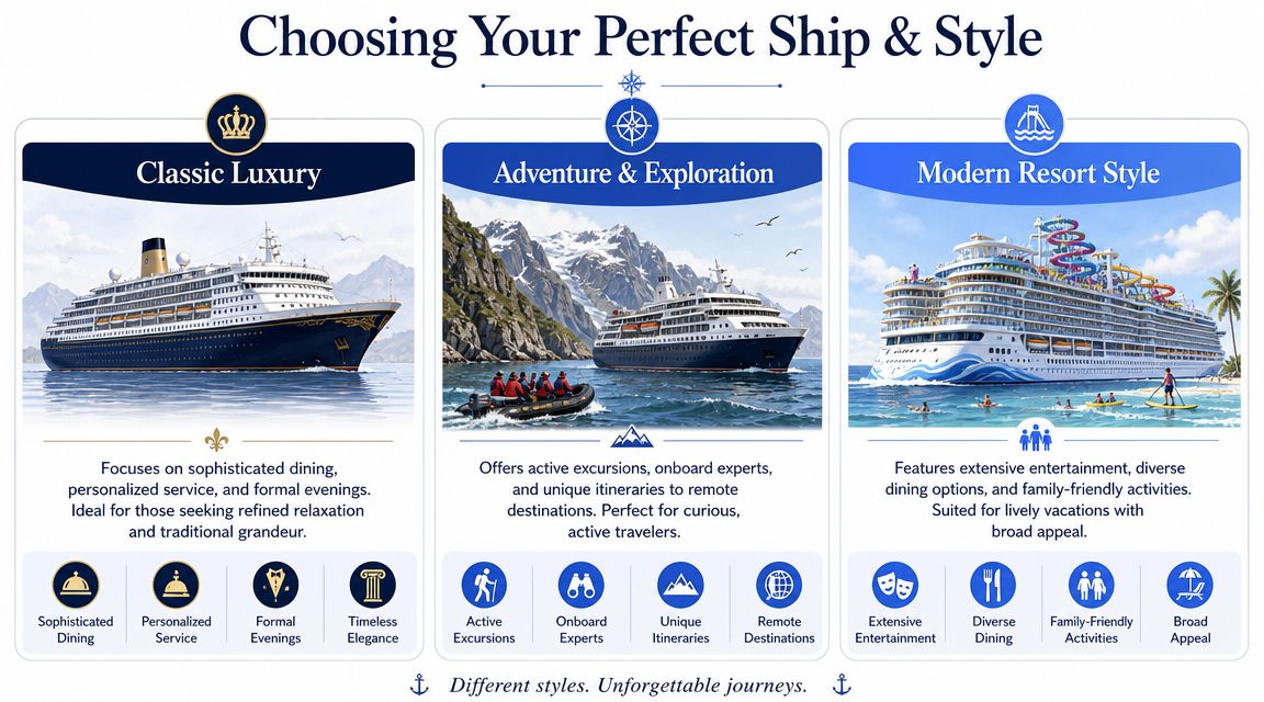 An infographic titled Choosing Your Perfect Ship & Style comparing classic luxury, adventure, and modern resort cruise categories.