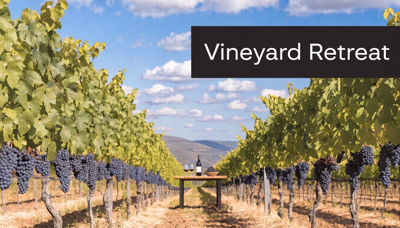 A scenic vineyard with rows of grapevines, a table featuring a wine bottle and glasses.
