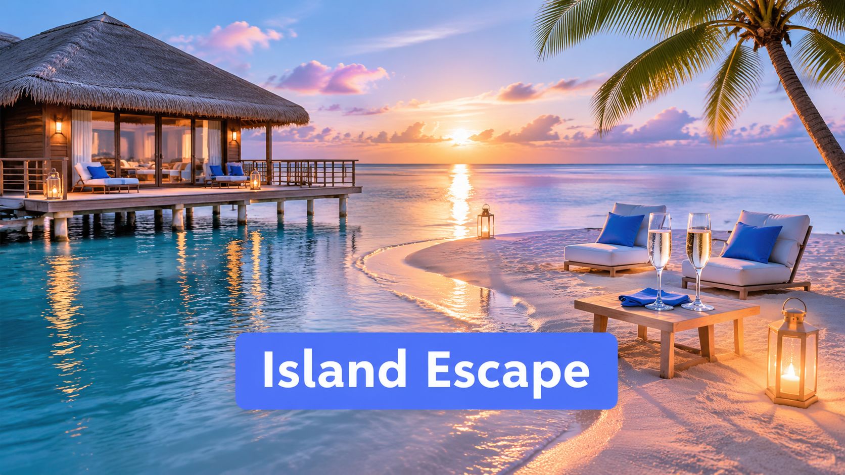A luxurious overwater bungalow with a private beach area, sunset scenery, and two glasses of champagne.
