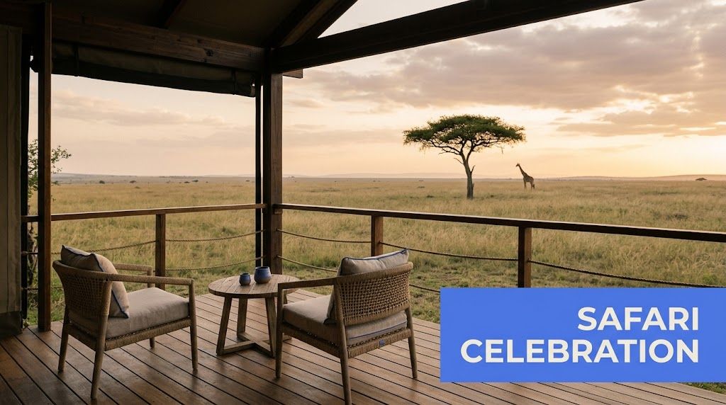 A luxurious safari tent terrace overlooking the African savanna with a giraffe standing near a tree.