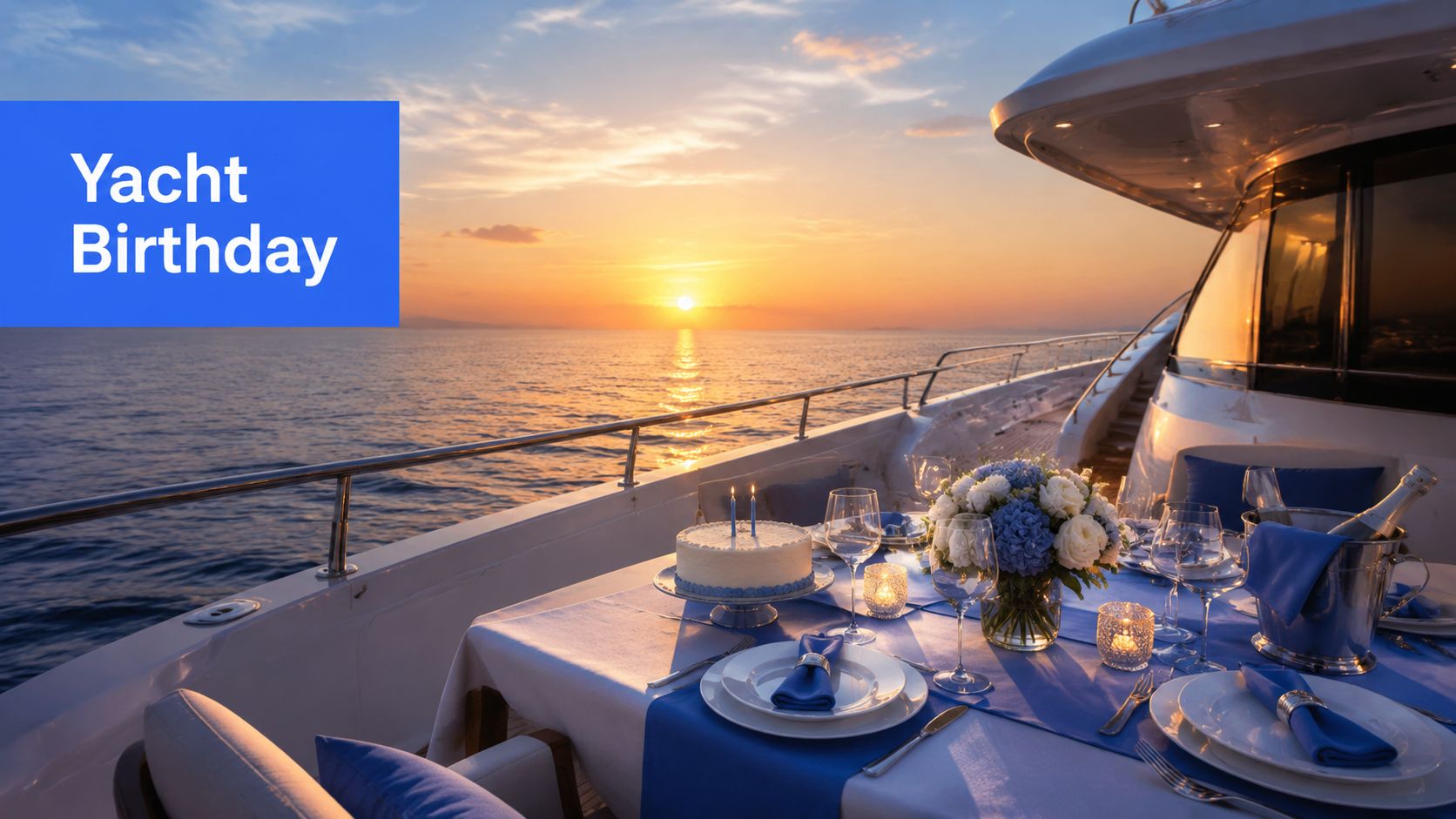 A luxury yacht deck set up for a romantic birthday dinner at sunset with cake and flowers.