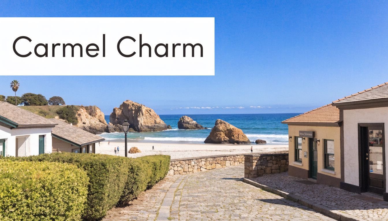 A scenic view of a coastal path leading to a sandy beach in Carmel-by-the-Sea, California.