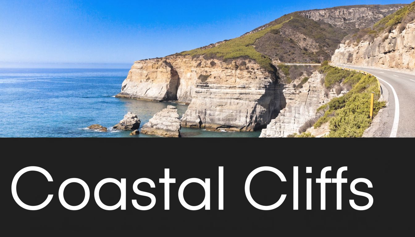 A scenic coastal cliff overlooking the blue ocean with a winding road alongside a beautiful California landscape.