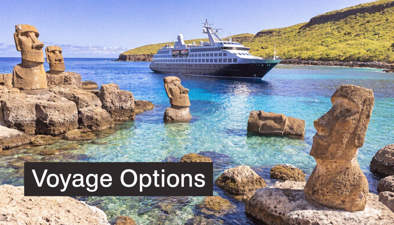 A luxury cruise ship anchored in clear turquoise water near Easter Island statues on the rocky coast.