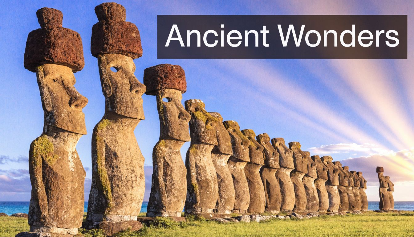 A row of iconic stone moai statues standing on the coast of Easter Island under a sunny sky.