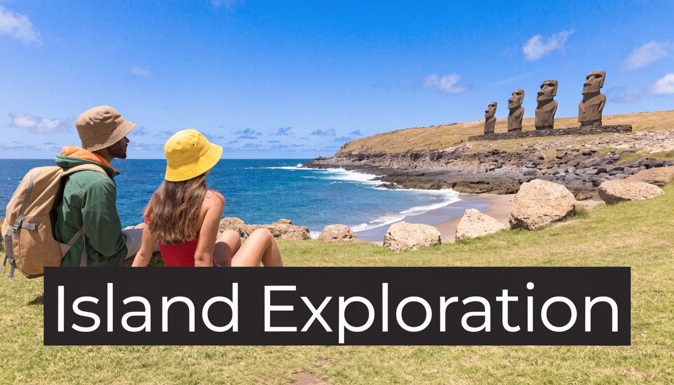 A couple wearing hats sits on a grassy hill overlooking the ocean and iconic Moai statues.
