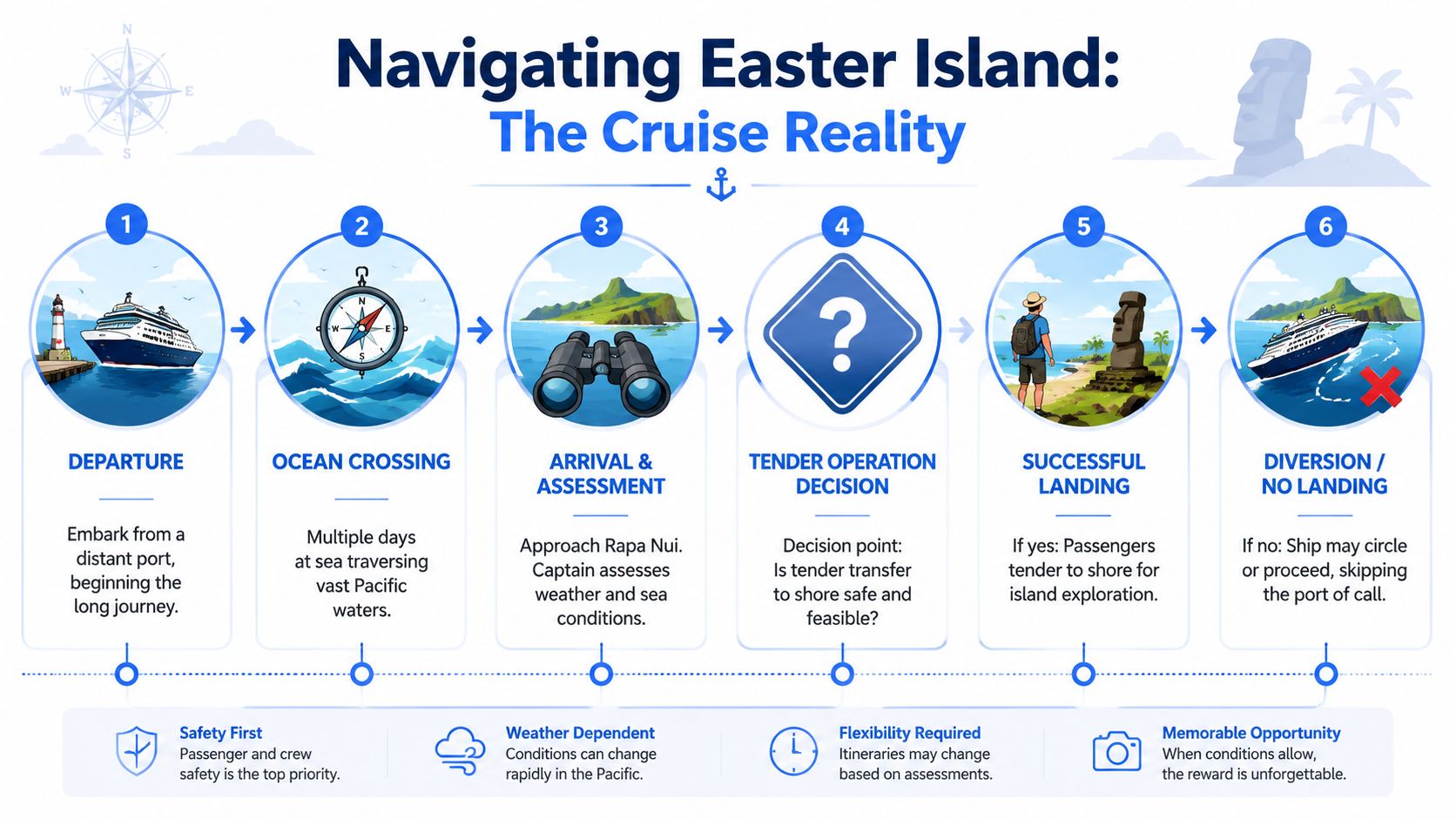 A process infographic showing the steps involved in a cruise ship navigation and landing at Easter Island.
