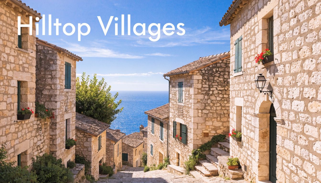 A picturesque stone village street overlooking the deep blue sea on a sunny summer day.