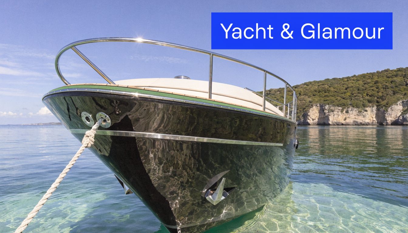 A luxurious black boat floating in clear, shallow water with coastal cliffs in the background.