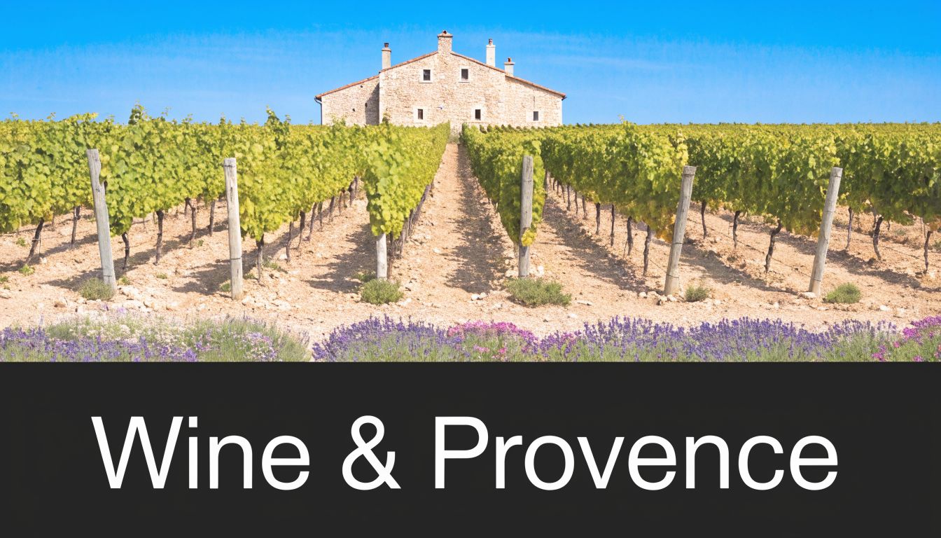 A scenic vineyard in Provence, France with rows of grapevines leading to a rustic stone house.