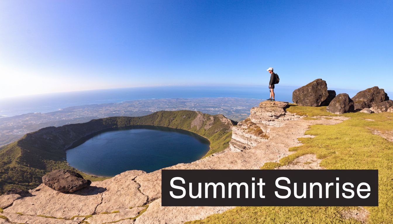 A hiker stands on a cliff overlooking a volcanic crater lake on Jeju Island at sunrise.