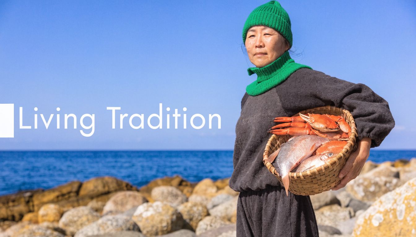 A female diver from Jeju Island carrying a basket filled with fresh fish and crabs by the coast.