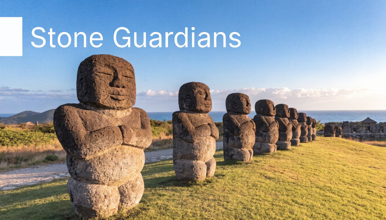 A row of stone Dol Hareubang statues on the green grassy landscape of Jeju Island, South Korea.