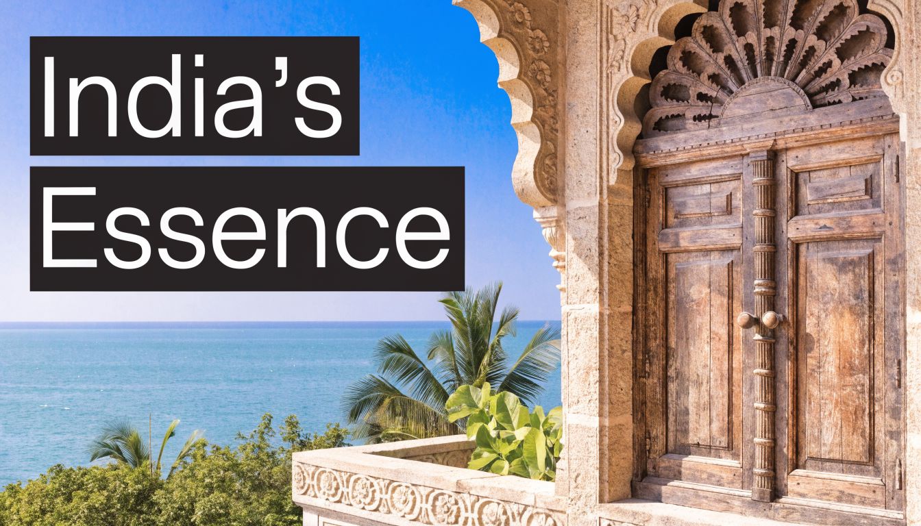 A scenic view from a carved stone balcony overlooking the tropical Indian ocean and lush palm trees.