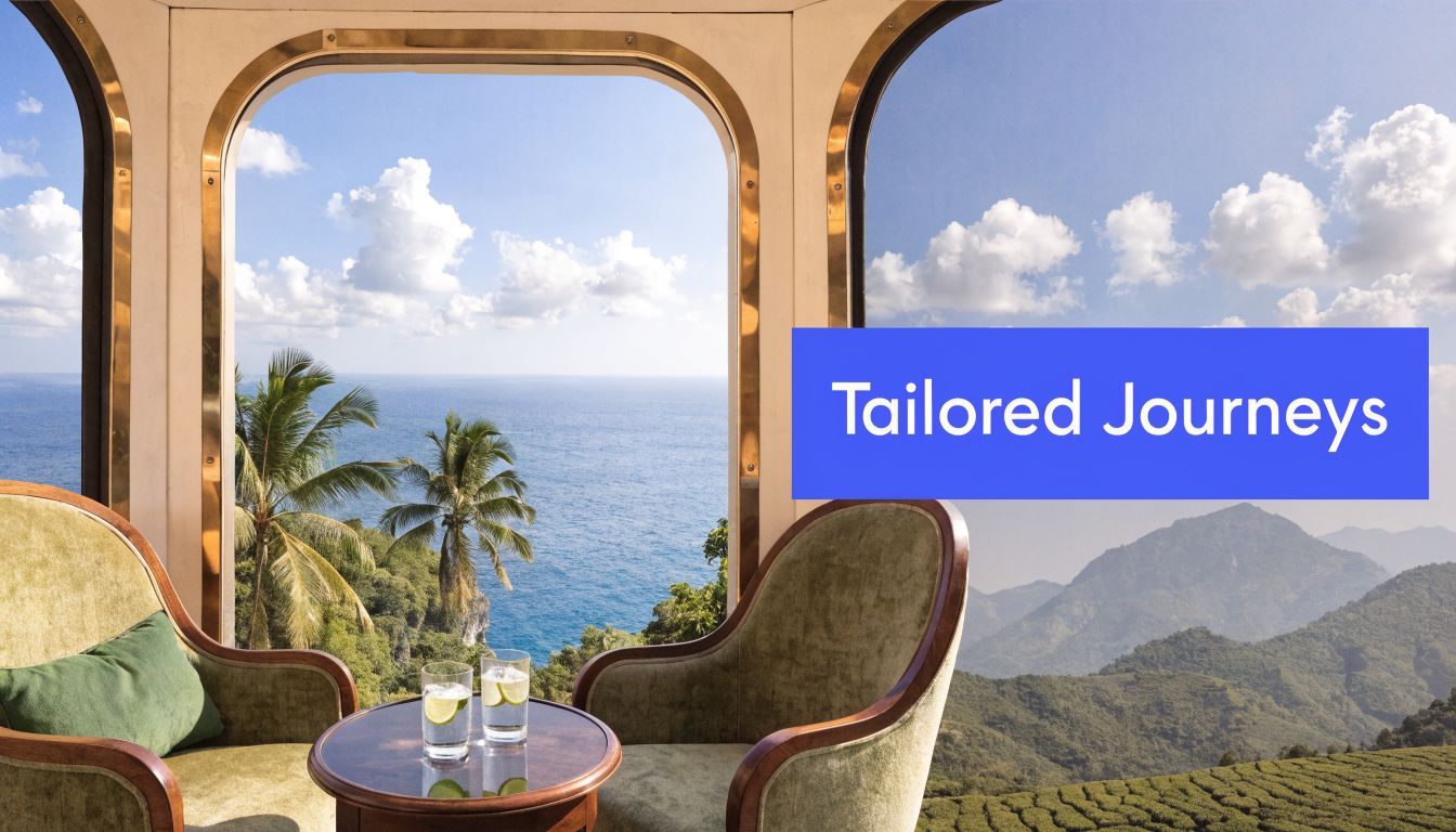 Luxurious train car seating area with a stunning view of the ocean and tropical mountains.
