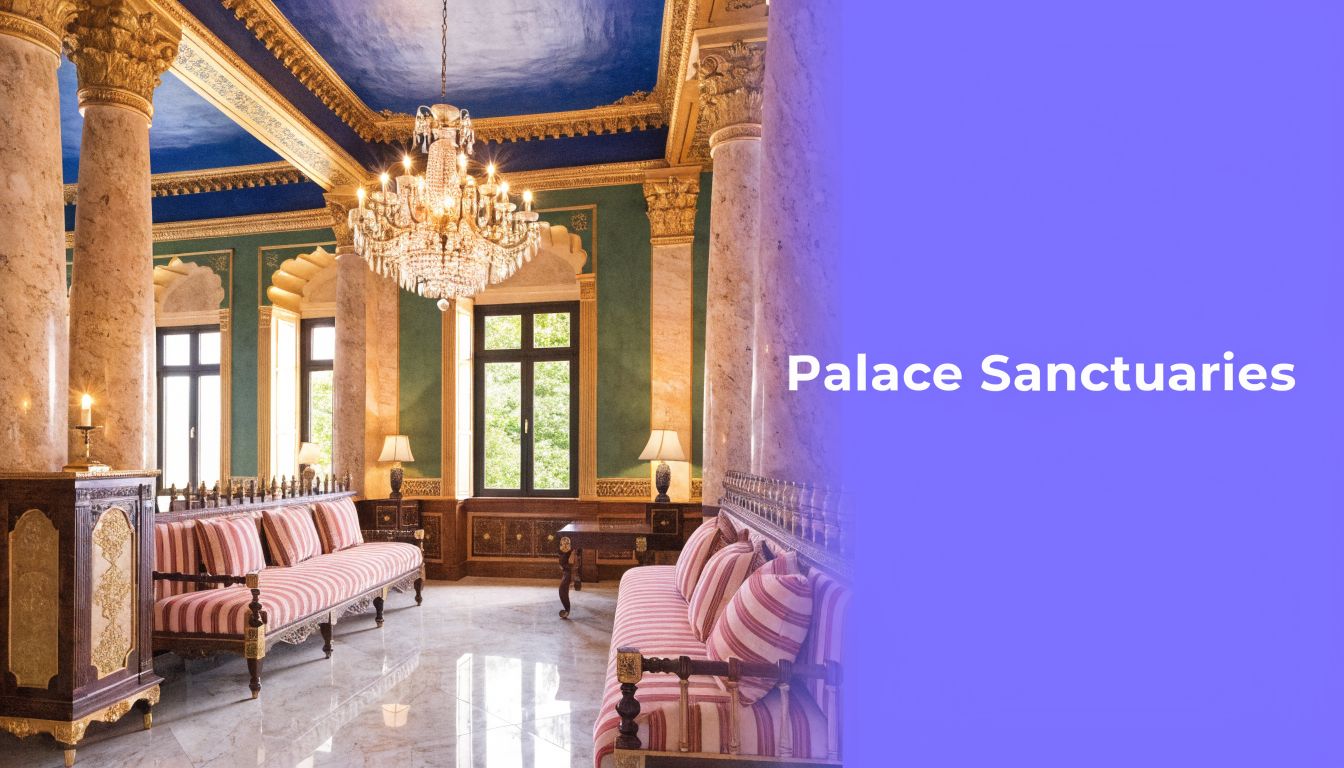 A luxurious, ornate palace room with marble pillars, elegant striped sofas, and a grand crystal chandelier.