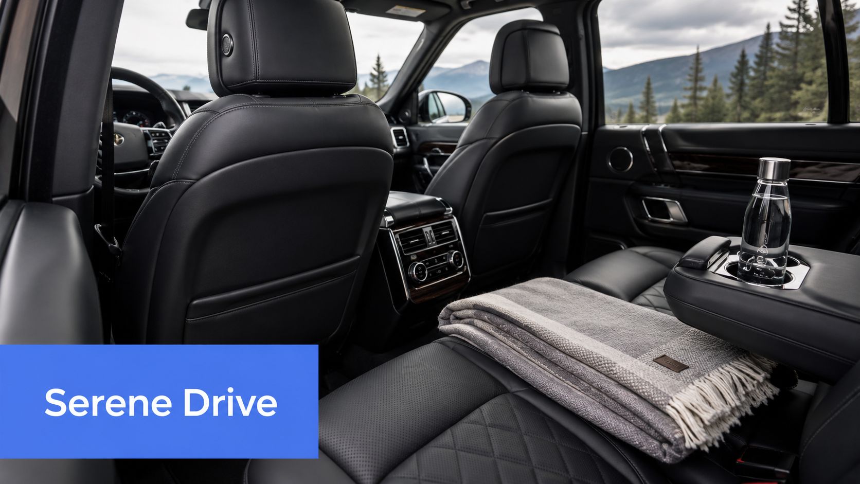 A luxurious car interior featuring premium leather seats, a folded wool blanket, and a water bottle.