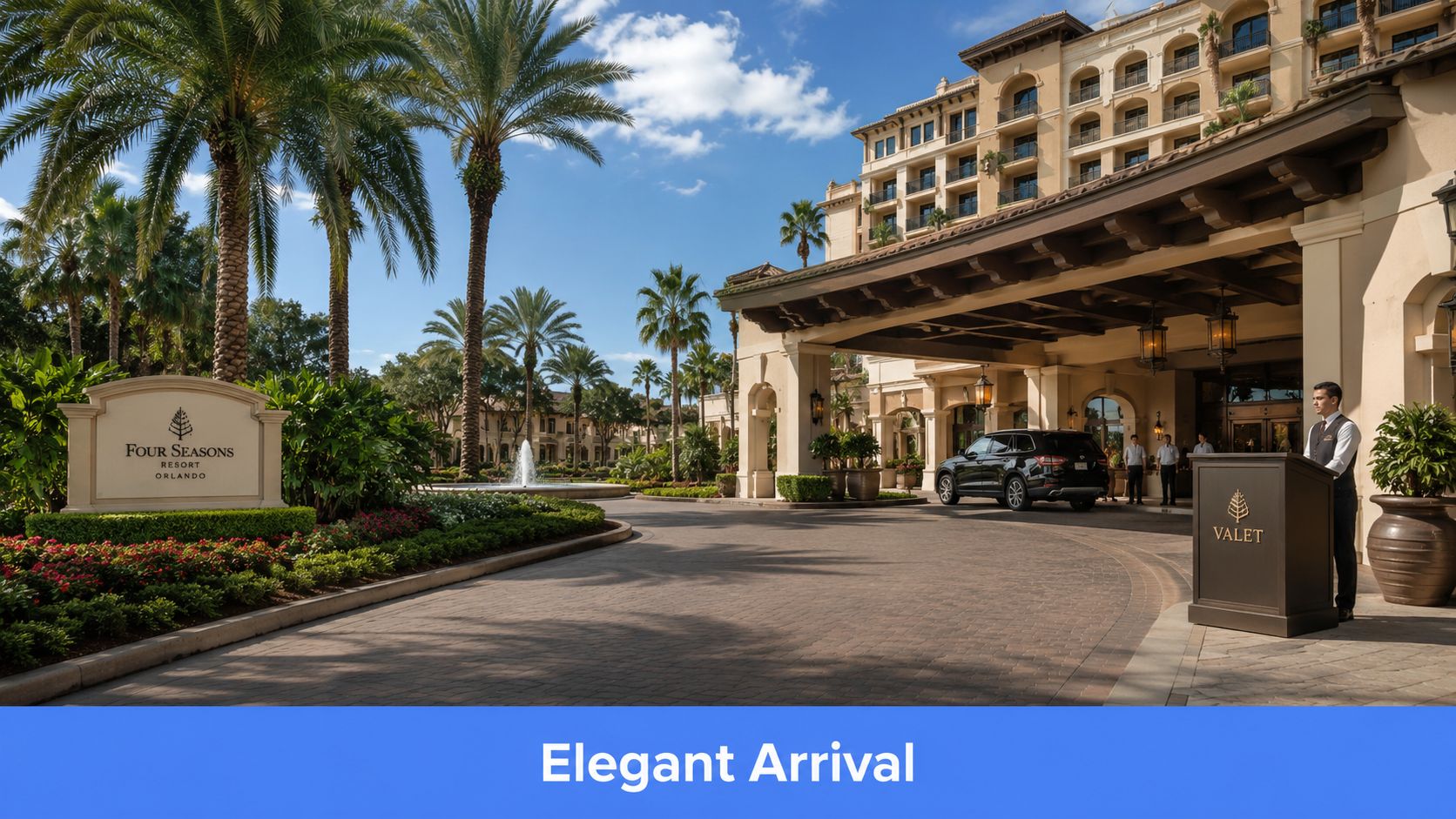 The entrance of the Four Seasons Resort Orlando featuring a valet station and palm tree lined driveway.