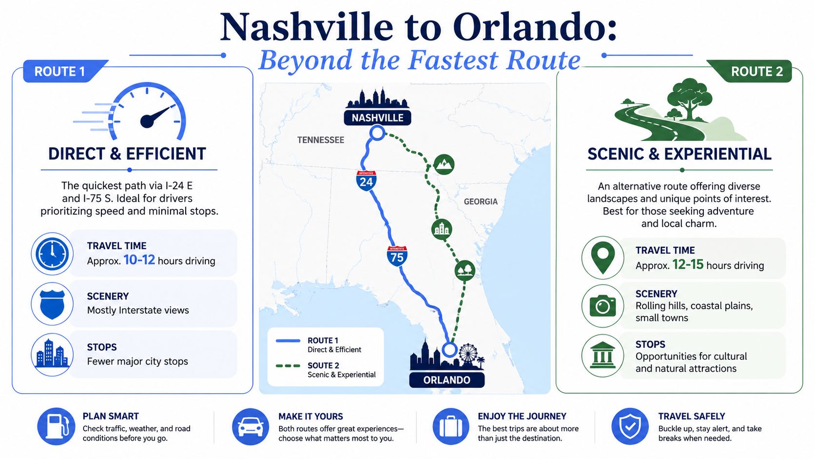 An infographic comparing a fast interstate driving route and a scenic, experiential route from Nashville to Orlando.