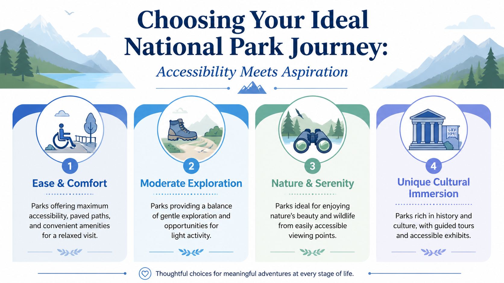 An infographic titled Choosing Your Ideal National Park Journey with four accessible trip planning categories.