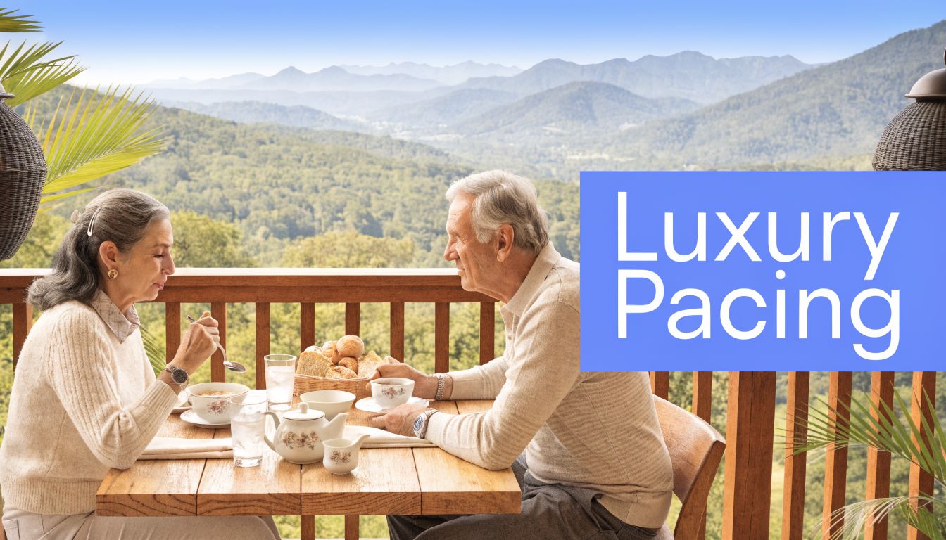 An elderly couple enjoys a peaceful outdoor breakfast with a scenic mountain view, symbolizing luxury pacing.