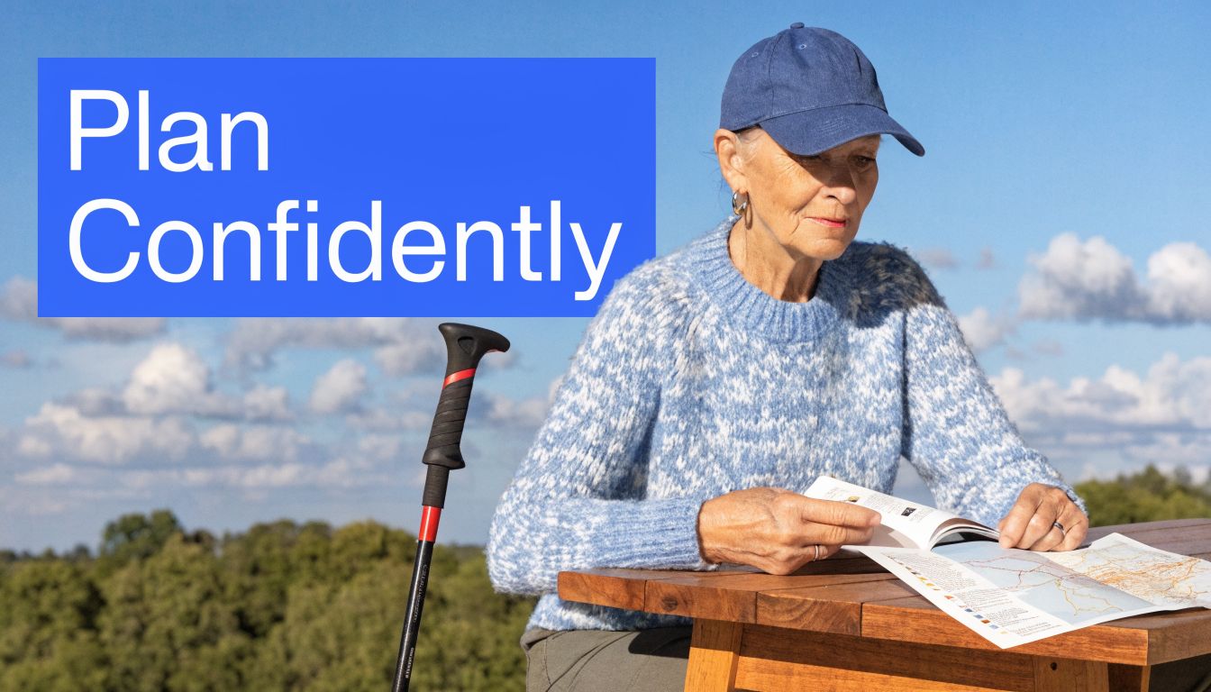 An elderly woman wearing a blue hat and sweater studies a map while sitting outdoors.
