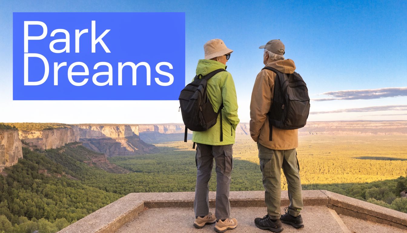An elderly couple with backpacks standing on a scenic viewpoint overlooking a vast forest canyon landscape.