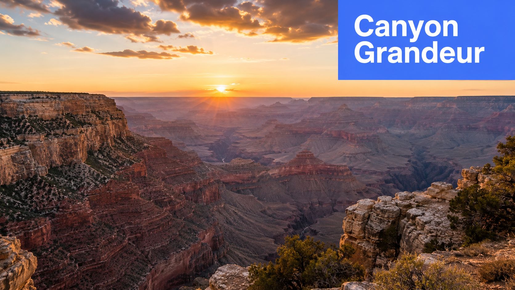 A breathtaking golden sunset over the vast layers and deep rocky canyons of the Grand Canyon.