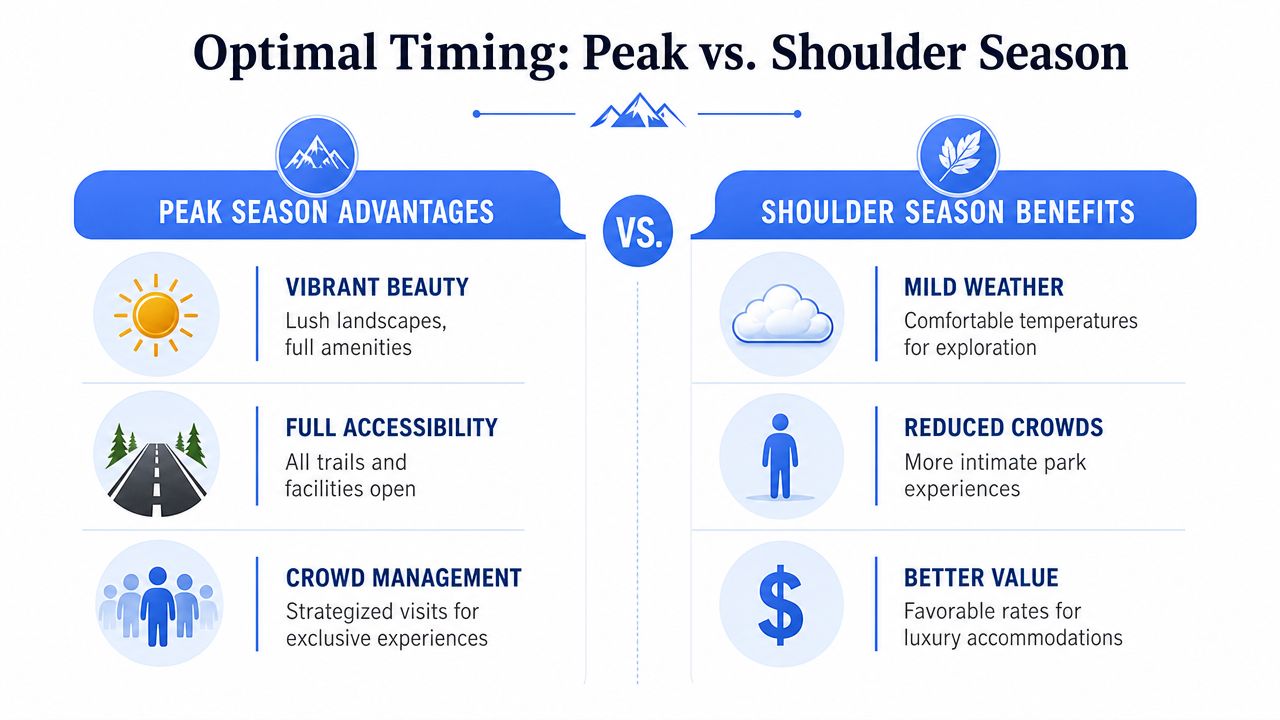 A comparison chart showing the advantages of traveling to national parks during peak versus shoulder seasons.