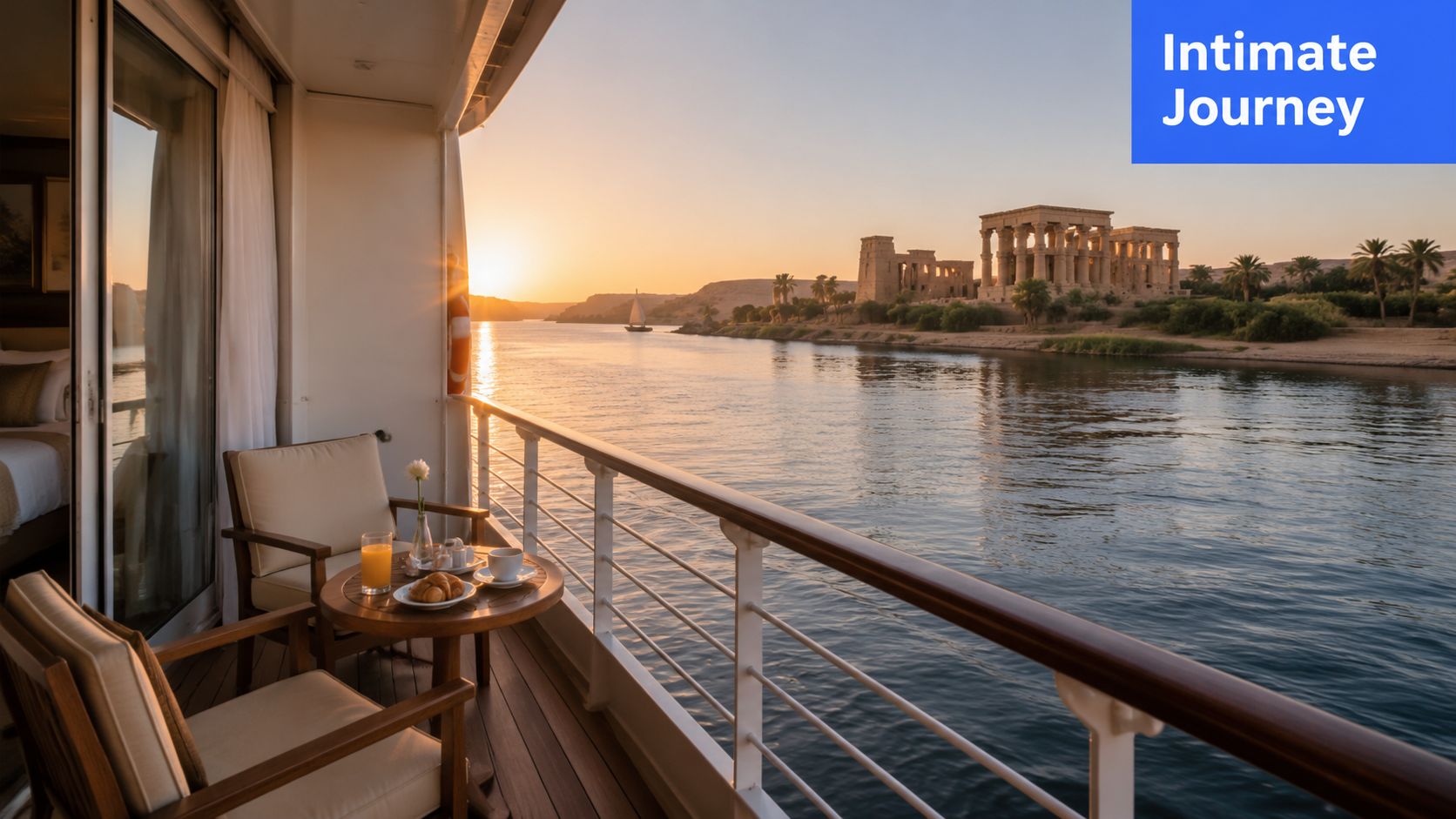 A luxurious cruise balcony overlooking the ancient Philae Temple on the Nile River during a scenic sunset.