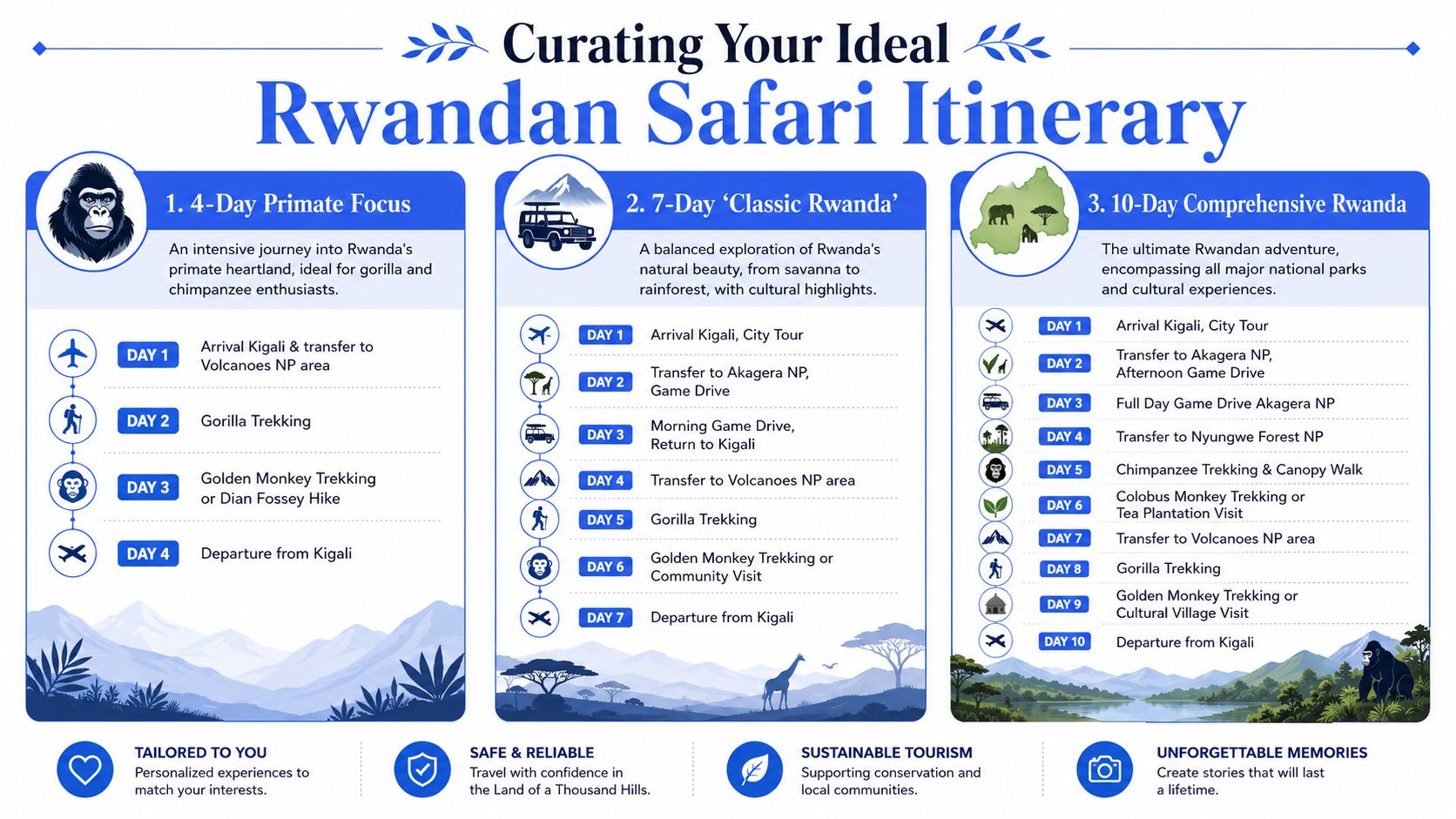 A travel itinerary infographic displaying three different Rwandan safari options ranging from four to ten days.