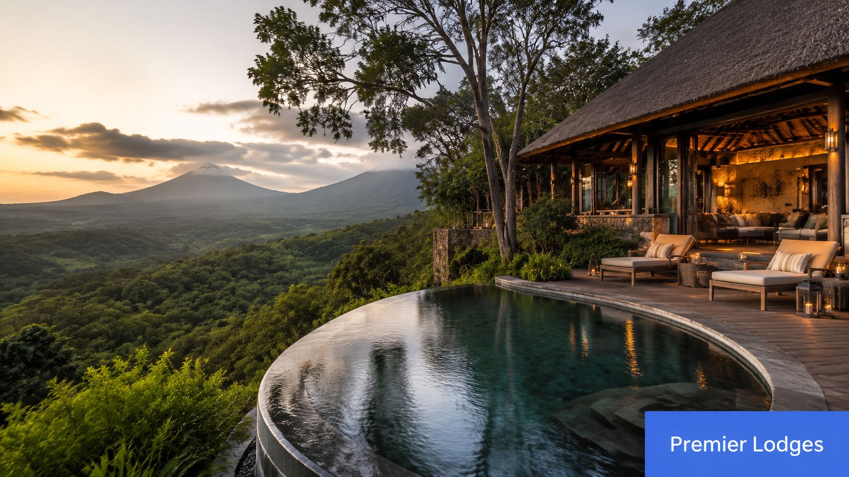 A luxurious safari lodge with an infinity pool overlooking a lush mountain landscape at sunset in Rwanda.