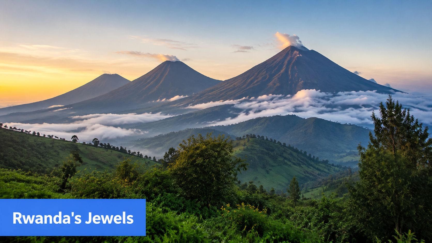 Breathtaking sunset view of the misty Virunga volcanic mountains in Rwanda with lush green foreground foliage.