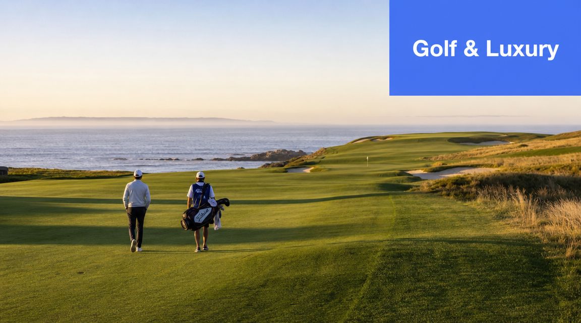 A golfer and their caddie walking along a scenic ocean-side golf course during a sunset.