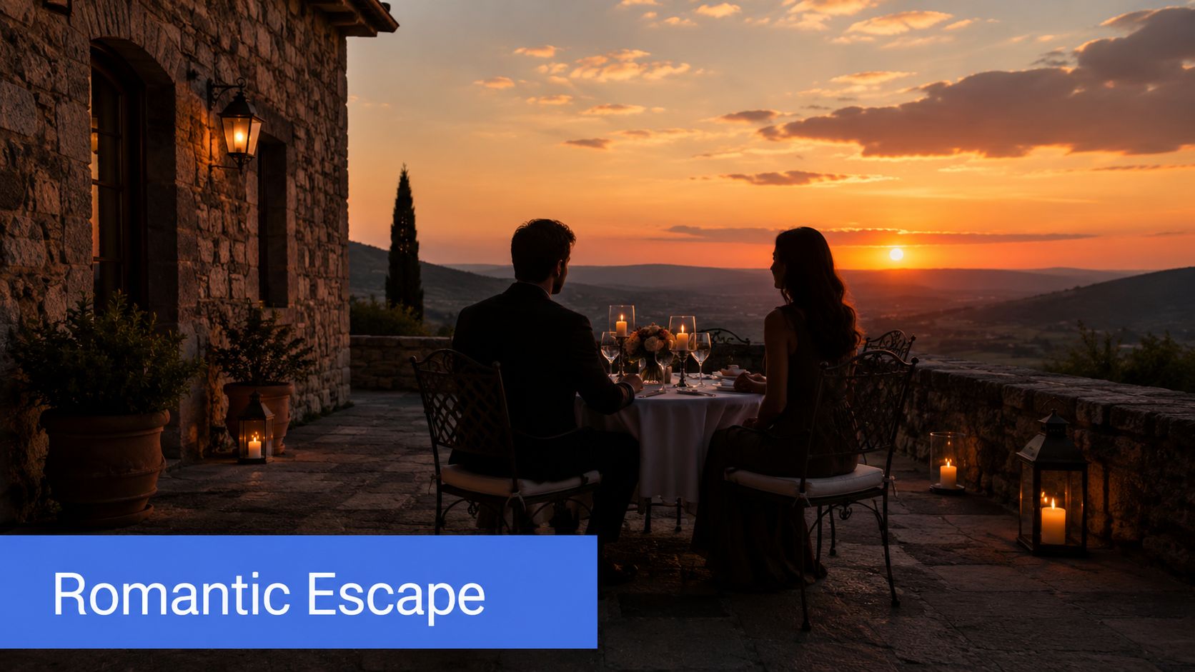A couple enjoys a romantic candlelit dinner on a stone terrace overlooking a sunset valley landscape.
