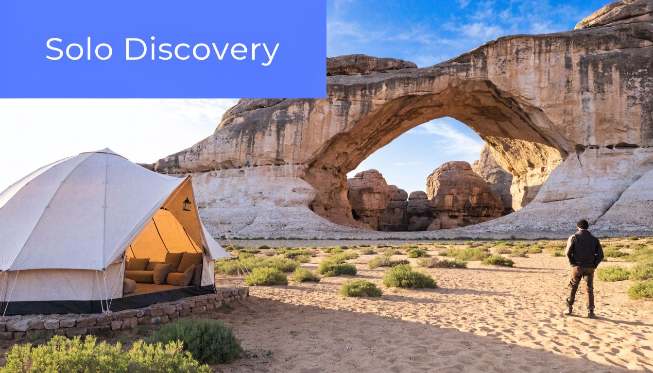 A traveler stands near a luxury bell tent pitched in front of a majestic natural rock archway.