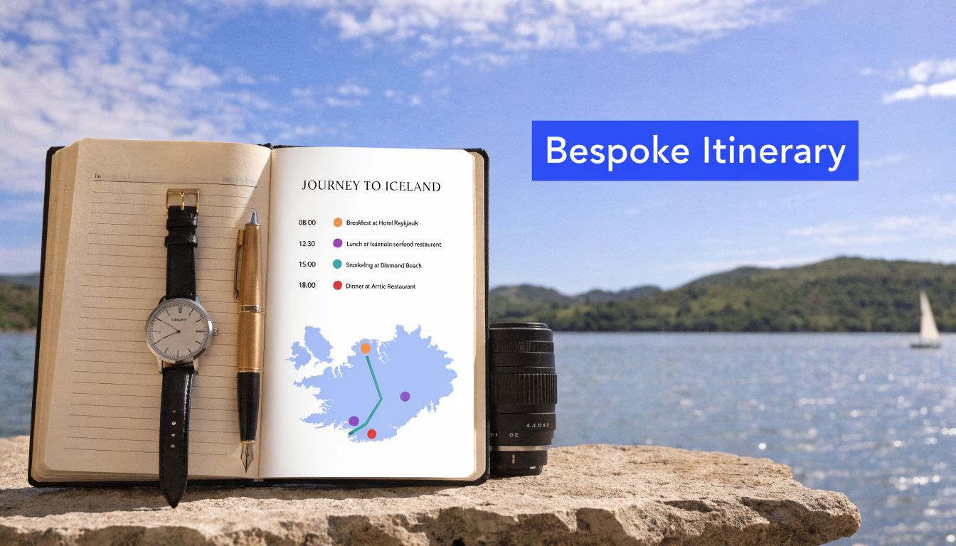 An open notebook on a stone ledge displays an Iceland travel itinerary against a lake background.