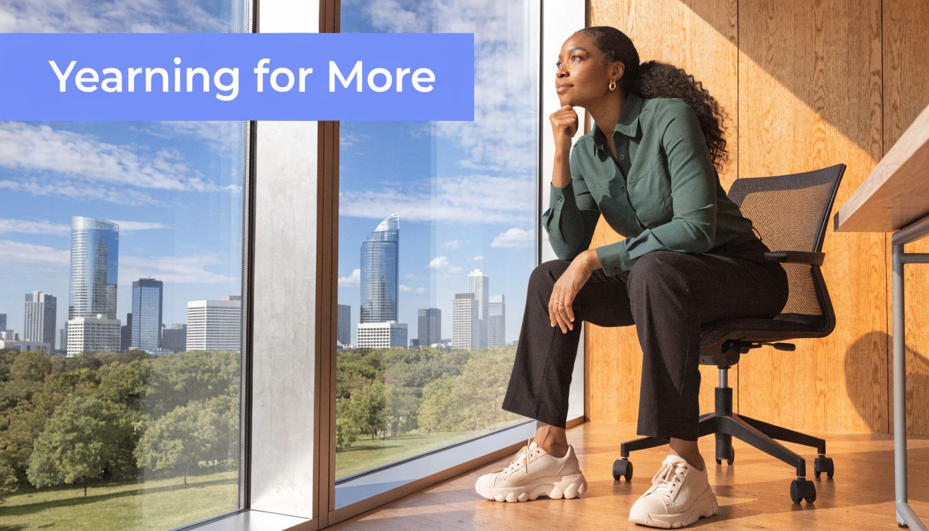 A professional woman in business casual attire sits in an office chair looking thoughtfully out the window.