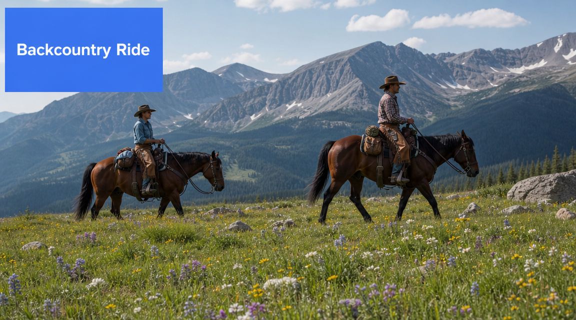 Two people on horseback riding through a scenic, flower-filled mountain meadow in Jackson Hole during summer.