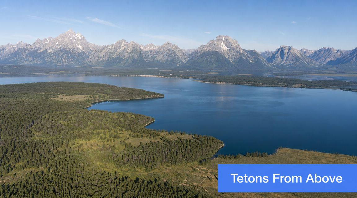 An aerial view of the majestic Grand Teton mountains towering over the calm waters of Jackson Lake.
