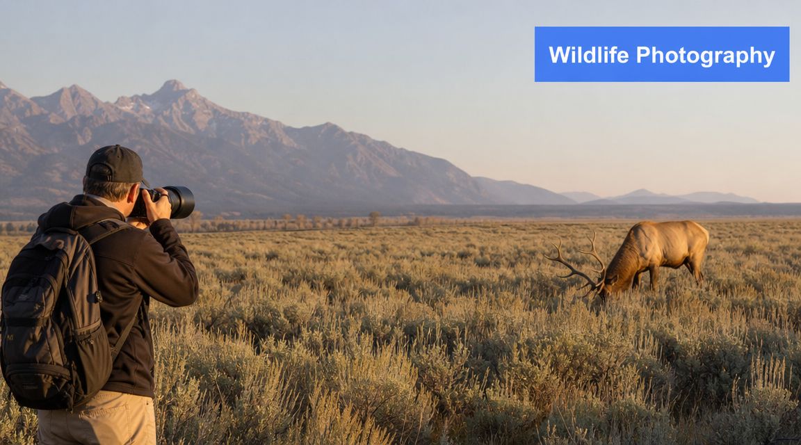 A wildlife photographer captures an elk grazing in the grassy fields with the Teton mountains in view.