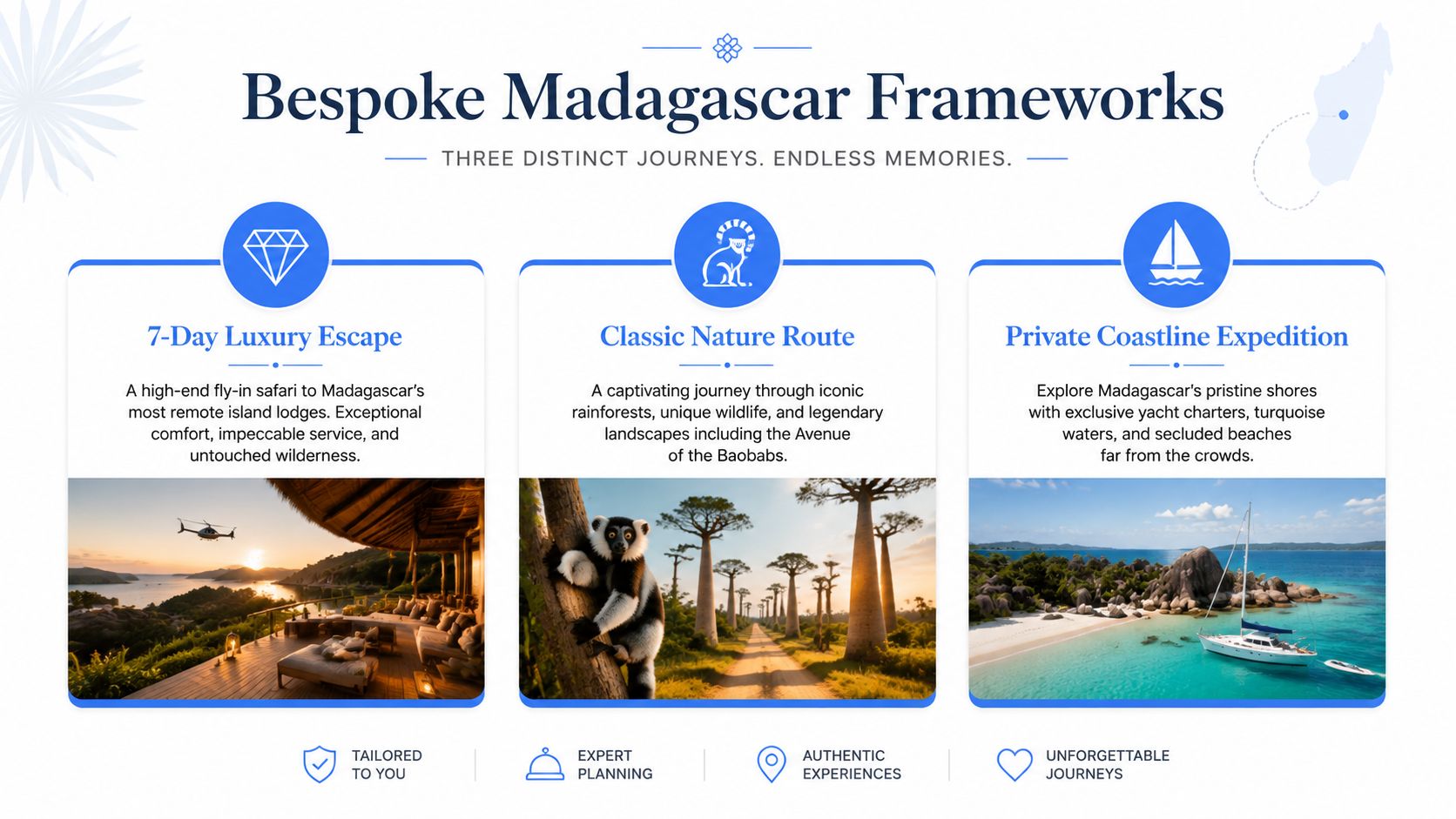 A travel brochure featuring three bespoke luxury Madagascar tour packages, including island, nature, and yacht expeditions.